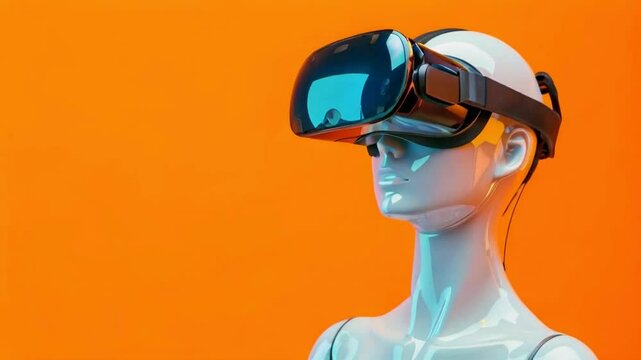 Female dummy wearing VR glasses placed on bright orange background.