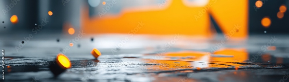 Poster a captivating close-up of orange sparks and droplets reflecting light on a wet surface, creating a d
