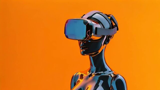 Female dummy wearing VR glasses placed on bright orange background.