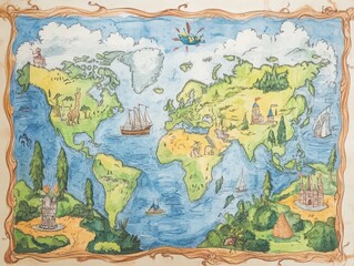 Fototapeta premium A colorful hand-drawn world map featuring landscapes, ships, and landmarks, perfect for travel and adventure themes.
