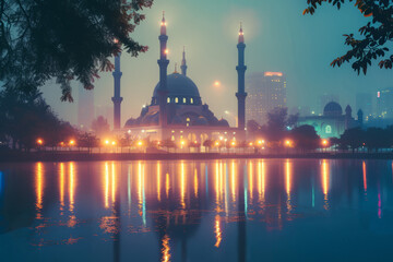 Obraz premium Holy night islamic night and silhouette mosque with moon