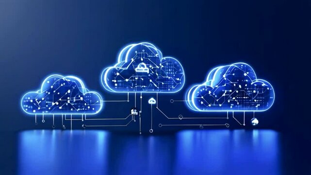 Cloud and edge computing technology data transfer concept with cyber security information protection system on dark blue background.