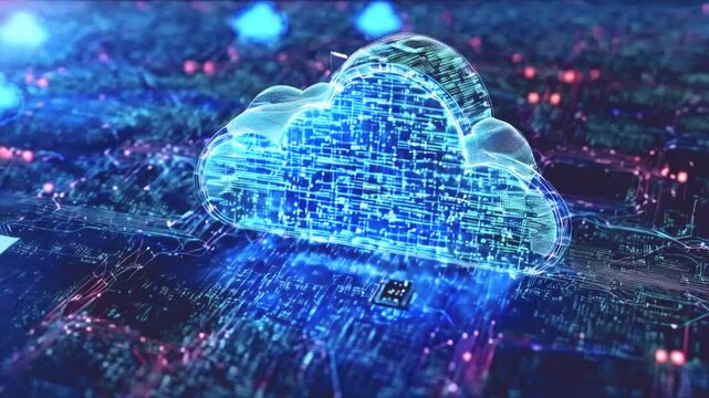 Cloud and edge computing technology data transfer concept with cyber security information protection system on dark blue background.