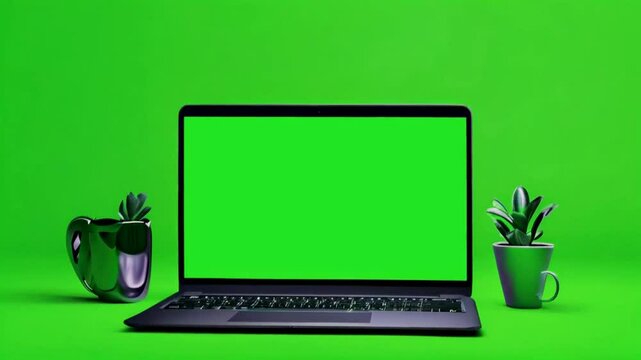 Laptop opening monitor with blank green screen to replace your photo, text or banner for advertising on green background.