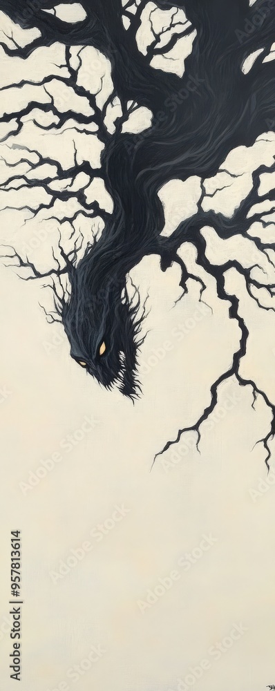 Poster a haunting silhouette of a twisted tree with eerie branches reaching out, creating a mystifying and 