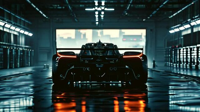 Rear silhouette of a modern sports car standing on the pit lane surrounded by flashing LED lights.
