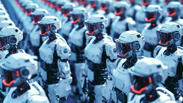 3D rendering of a large number of humanoid robots standing in a row. Industrial cyborg machinery group in factory. Artificial intelligence technology concept
