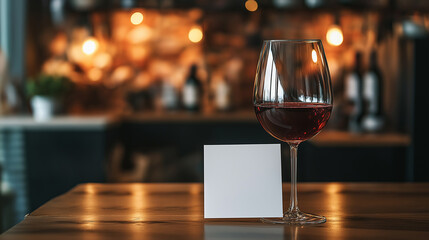 glass of wine on a table, a glass of wine next to a white card, A wine glass with white paper