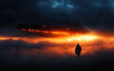 A mysterious figure gazes at a glowing spaceship amidst dark clouds and an orange-hued sky, evoking awe and curiosity.