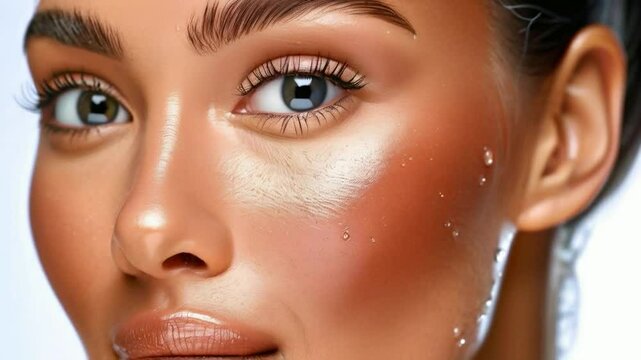3D rendering of a woman's face with wrinkles on her face. The animation shows the serum passing through the skin and reducing sagging skin cells and repair wrinkles.