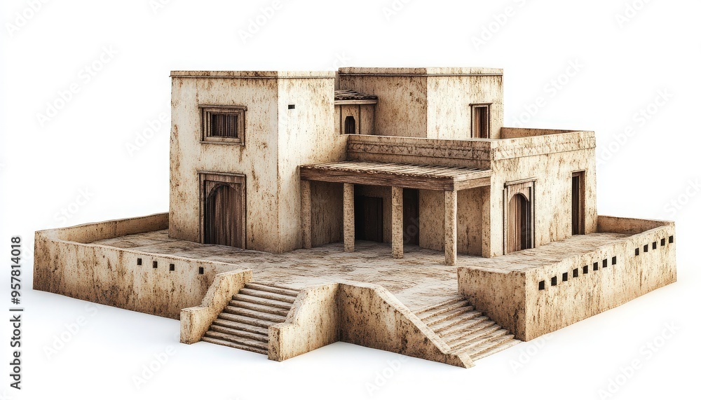 Poster a rustic architectural design of a historical building with textured walls and multiple entries, sho