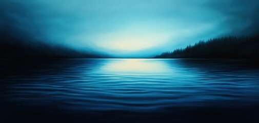 Obraz premium A serene blue lake under a misty sky, reflecting calm waters. Perfect for evoking tranquility and peace in any design.