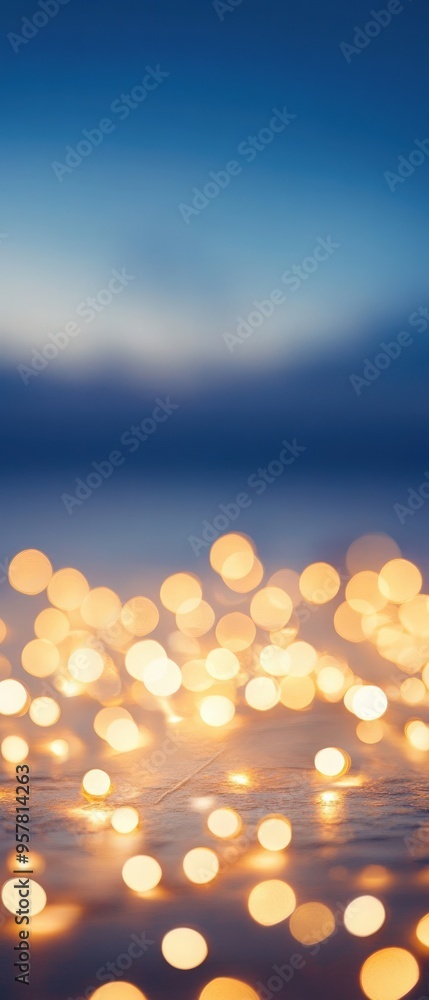 Poster a serene image featuring soft bokeh lights reflecting on a calm surface, creating a dreamy and tranq