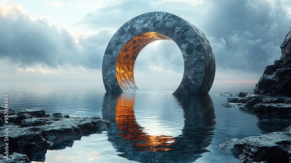 Poster 3d render of an abstract futuristic background featuring broken gold geometric torus shapes on black
