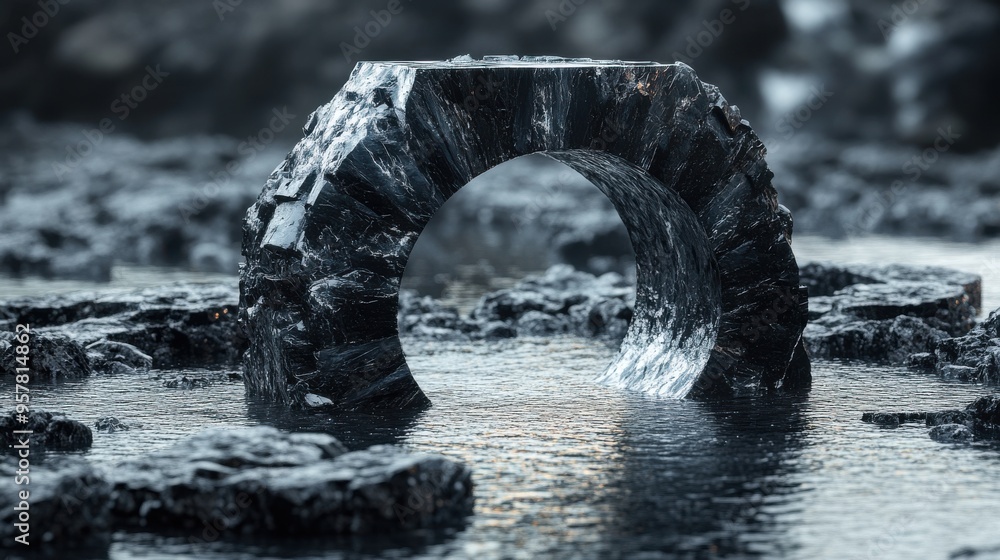Poster 3d render of an abstract futuristic background featuring broken gold geometric torus shapes on black