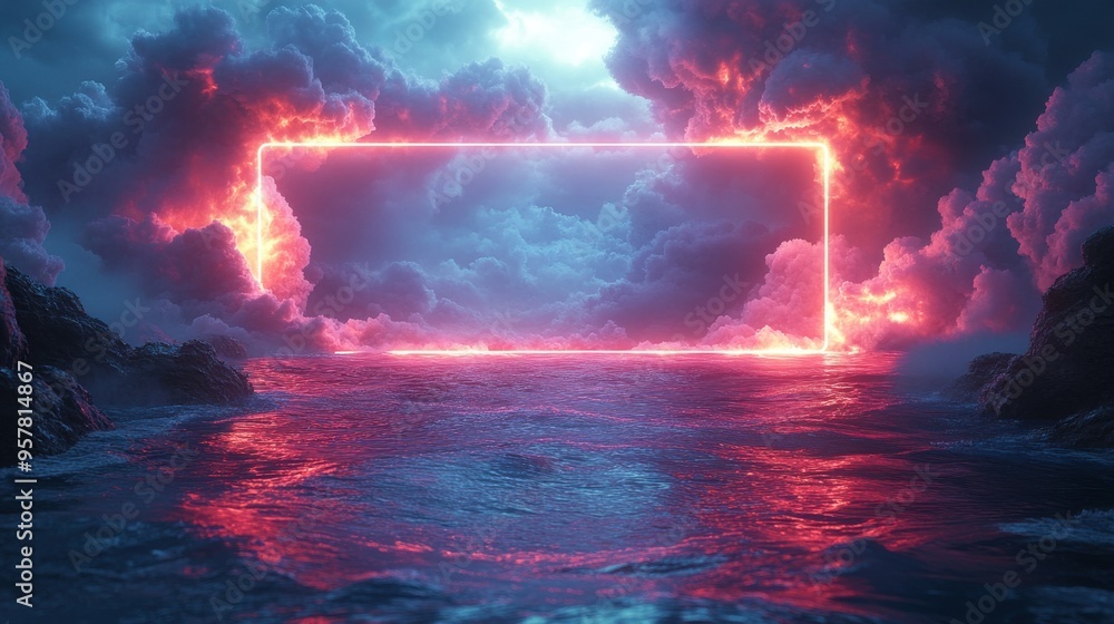 Poster 3d render of an abstract geometric background with a glowing pink neon square frame and water reflec