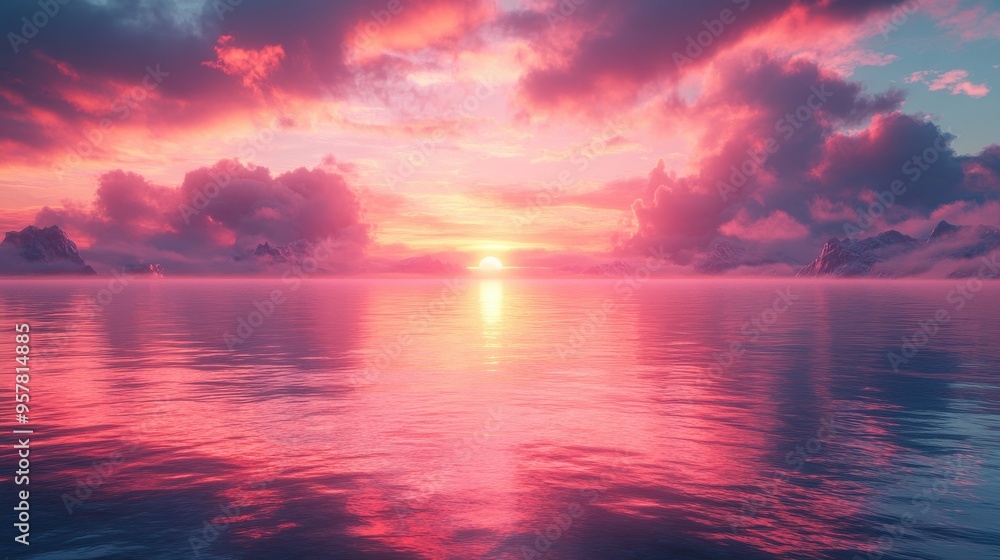 Poster 3d render of an abstract geometric background with a glowing pink neon square frame and water reflec