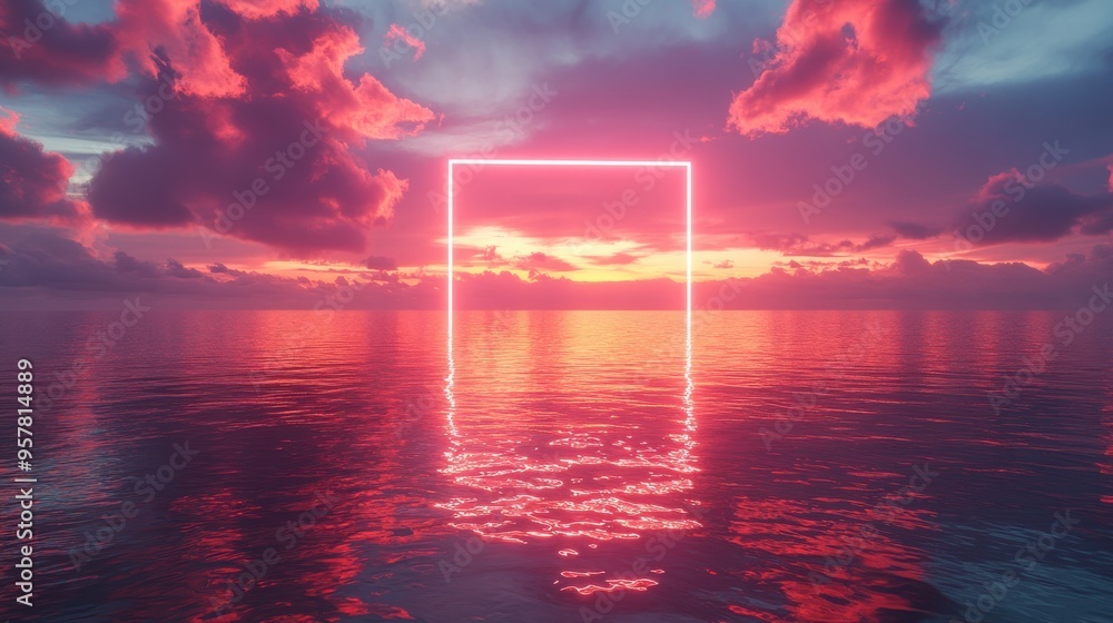 Poster 3d render of an abstract geometric background with a glowing pink neon square frame and water reflec