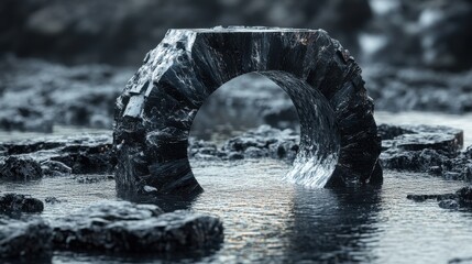 Fototapeta premium 3D render of an abstract futuristic background featuring broken gold geometric torus shapes on black cobblestone rocks with reflective water, creating a unique wallpaper.