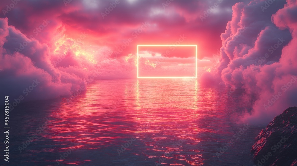 Poster 3d render of an abstract geometric background featuring a white cloud and a glowing neon square fram