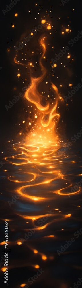 Poster a surreal image of golden light reflecting on dark water, creating a mystical atmosphere with shimme