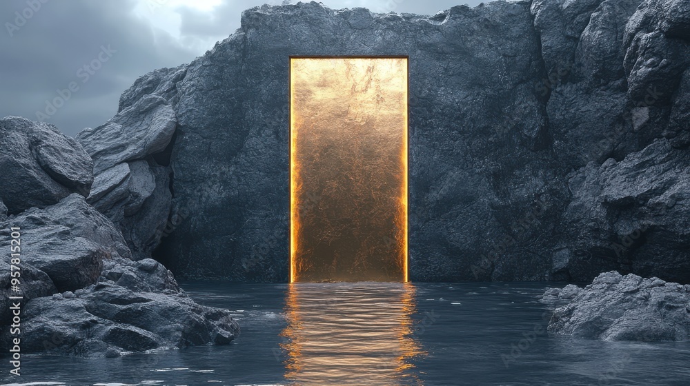 Poster 3d render of an abstract geometric background with golden panels, a black frame, and broken coal roc