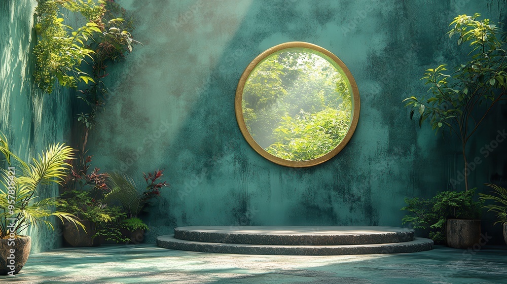 Poster 3d render of an abstract green background with leaf shadows and bright sunlight. minimal scene featu
