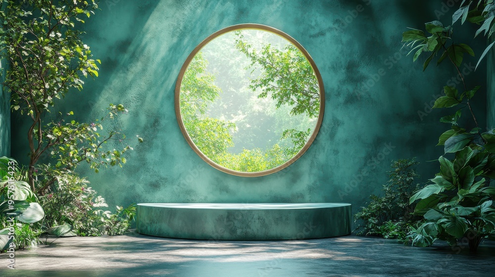 Poster 3d render of an abstract green background with leaf shadows and bright sunlight. minimal scene featu