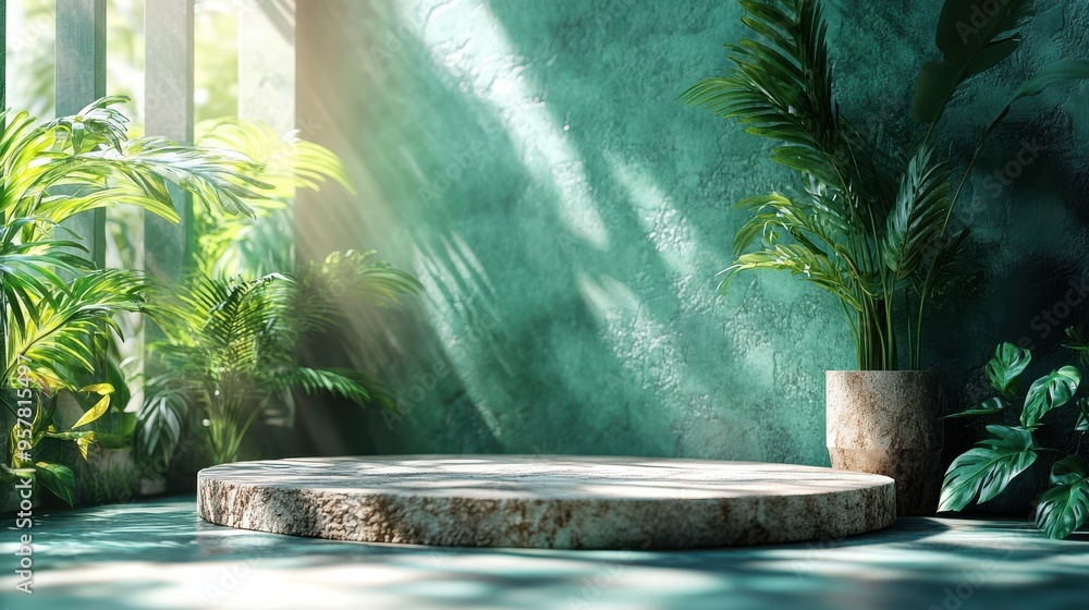 Poster 3d render of an abstract green background with tropical leaf shadows and bright sunlight. minimal sh