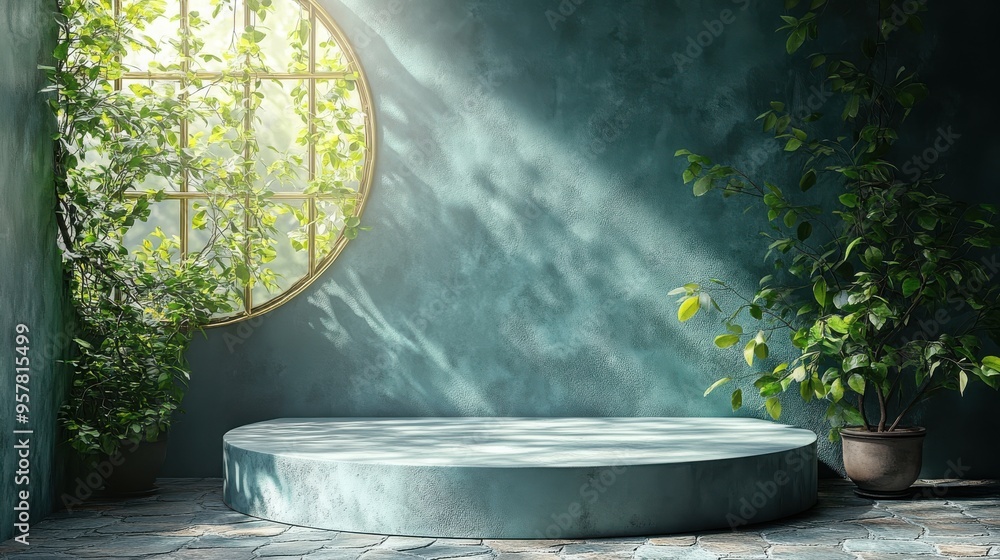 Poster 3d render of an abstract green background with leaf shadows and bright sunlight. minimal scene featu