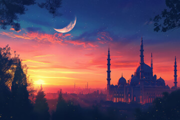Naklejka premium Islamic mosque silhouette with moon