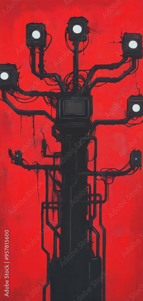 Poster abstract artwork featuring a dark structure with multiple arms against a bold red background, evokin
