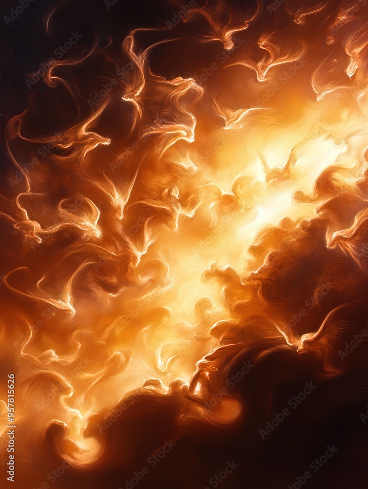 Poster abstract fiery background with swirling orange and yellow tones, creating a dynamic and energetic at
