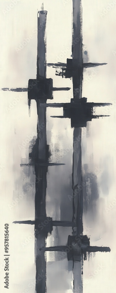 Poster abstract monochrome artwork featuring vertical lines and geometric shapes, creating a striking moder