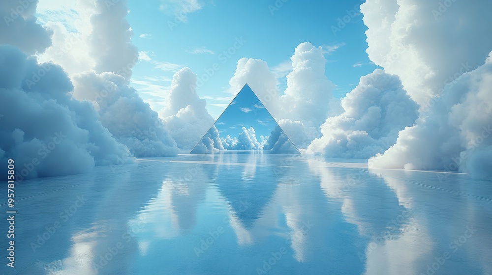 Aufkleber 3d render of an abstract minimal blue background with white clouds and a mirrored pyramid.