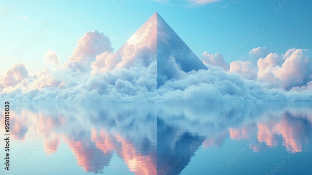 Aufkleber 3d render of an abstract minimal blue background with white clouds and a mirrored pyramid.