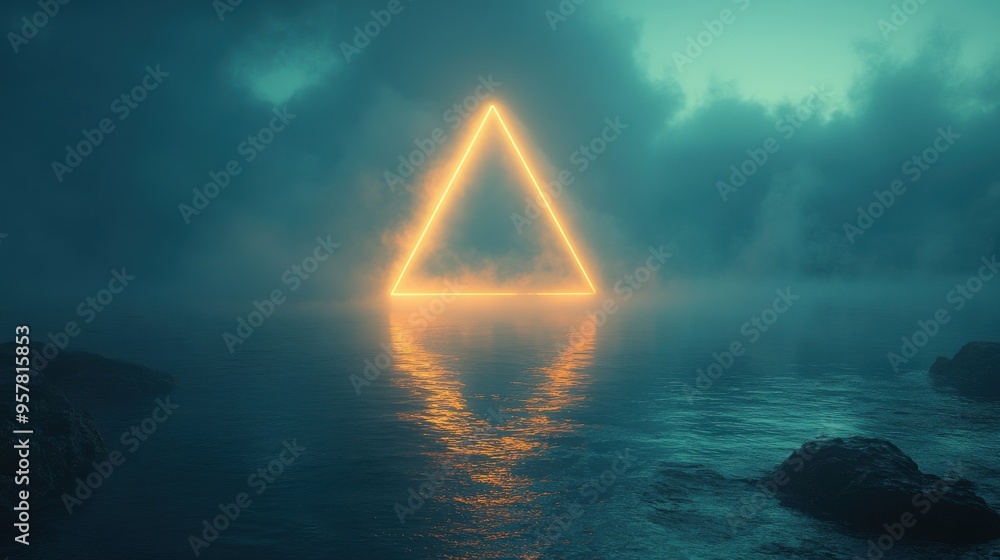 Poster 3d render of an abstract minimal blue-green background with neon triangular geometric shapes. triang
