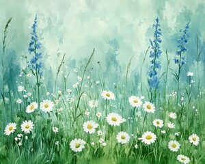 Beautiful floral landscape featuring vibrant daisies and delicate blue flowers in a serene green background.