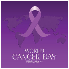Purple cancer awareness ribbon on earth map. Celebrating World Cancer Day on February 4. World Cancer Day concept. Flat vector illustration.
