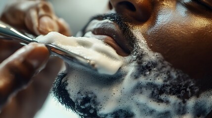Skilled Barber's Hand Holding Straight Razor with Lathered Skin for Flawless Shave
