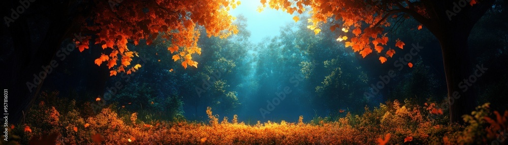 Poster enchanting autumn forest with vibrant leaves and soft sunlight filtering through trees, creating a s