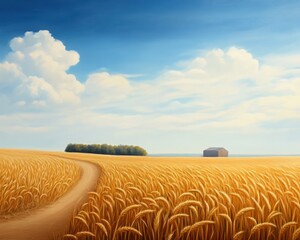 Fototapeta premium Golden fields stretch towards the horizon under a blue sky with fluffy clouds, creating a serene rural landscape scene.