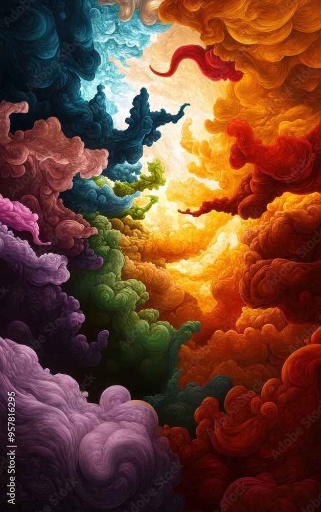 Poster vibrant clouds swirl in a mesmerizing blend of colors, creating a dreamlike atmosphere and an ethere