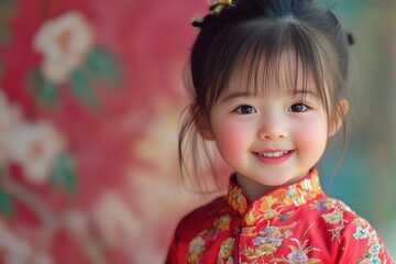Female portrait of charming chinese child of three years with a beautiful smile. 