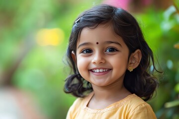 Female portrait of charming indian child of three years with a beautiful smile. 