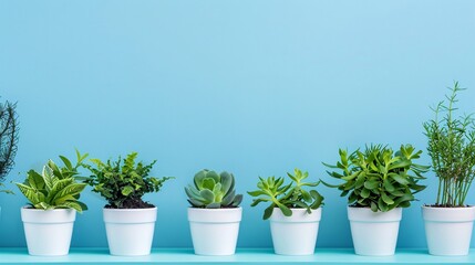Obraz premium 07240954 111. Minimalist white pots with lush, vibrant plants arranged neatly against a pastel sky blue background, with ample clear space at the bottom for text