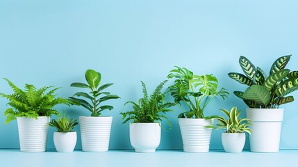 Obraz premium 07240954 111. Minimalist white pots with lush, vibrant plants arranged neatly against a pastel sky blue background, with ample clear space at the bottom for text