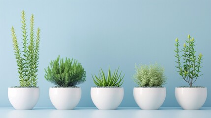 Fototapeta premium 07240954 112. Elegant white pots housing beautiful green plants, set against a soft pastel sky blue backdrop, providing a clean, uncluttered space at the bottom for text