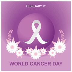 Cancer awareness ribbon with flowers on a purple background. World Cancer Day campaign. World Cancer Day concept. Flat vector illustration.