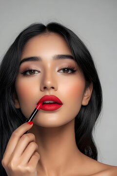 Beautiful Indian Woman Applying Bold Red Lipstick Glamorous Portrait with Clean Background